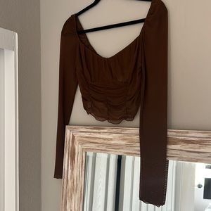 Large brown mesh rushed long sleeve crop top